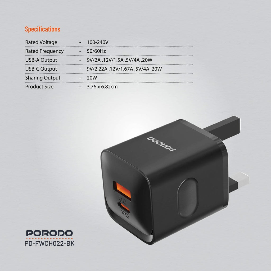 بورودو شاحن جداري بمنفذي يو اس بي سي ويو اس بي اي, بقدرة شحن سريع 20 واط - اسود | Porodo Dual Port Wall Charger with 20W Fast Charging - Black