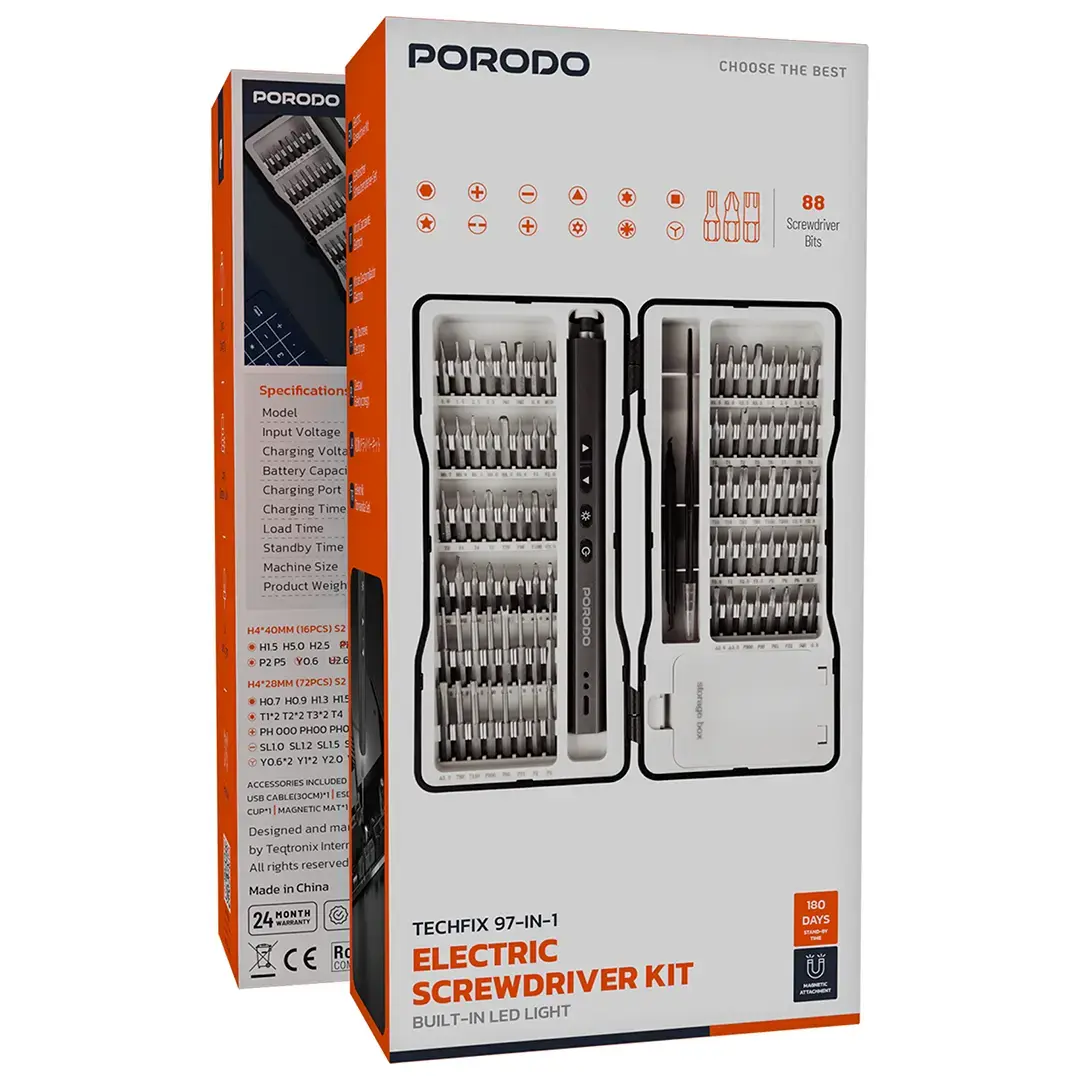 عدة بورودو تيك فيكس الكهربائية 97 في 1 - اسود | Porodo TechFix 97-In-1 Electric Screwdriver Kit - Black