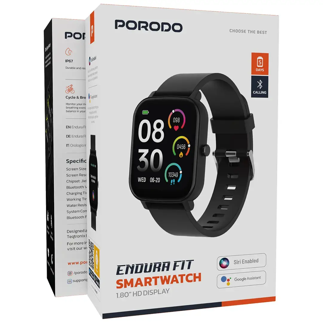 ساعة بورودو اندورا فيت الذكية بشاشة حجم 1.80 انش و وقت تشغيل حتى 5 ايام | Porodo Endura Fit Smart Watch, 1.80" screen, Up To 5 Days work Time