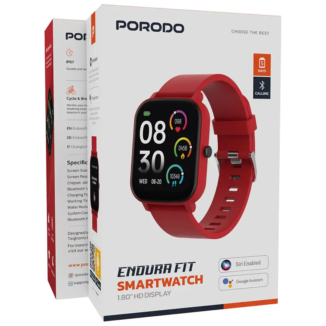 ساعة بورودو اندورا فيت الذكية بشاشة حجم 1.80 انش و وقت تشغيل حتى 5 ايام | Porodo Endura Fit Smart Watch, 1.80" screen, Up To 5 Days work Time