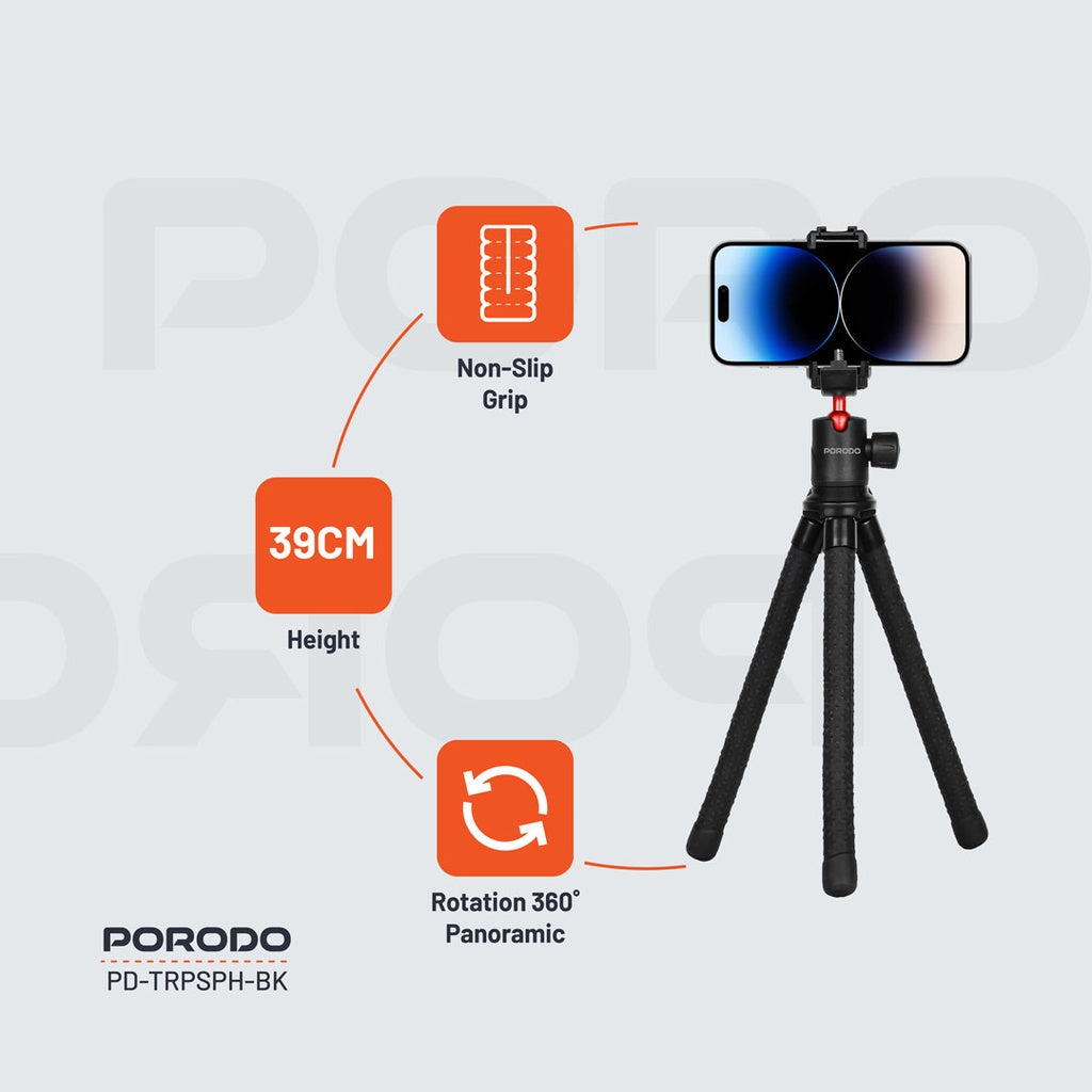 ترايبود مرن وقابل للتمديد مع حامل هاتف من بورودو - اسود | Porodo Flexible Foldable and Extendable Tripod with Phone Holder – Black