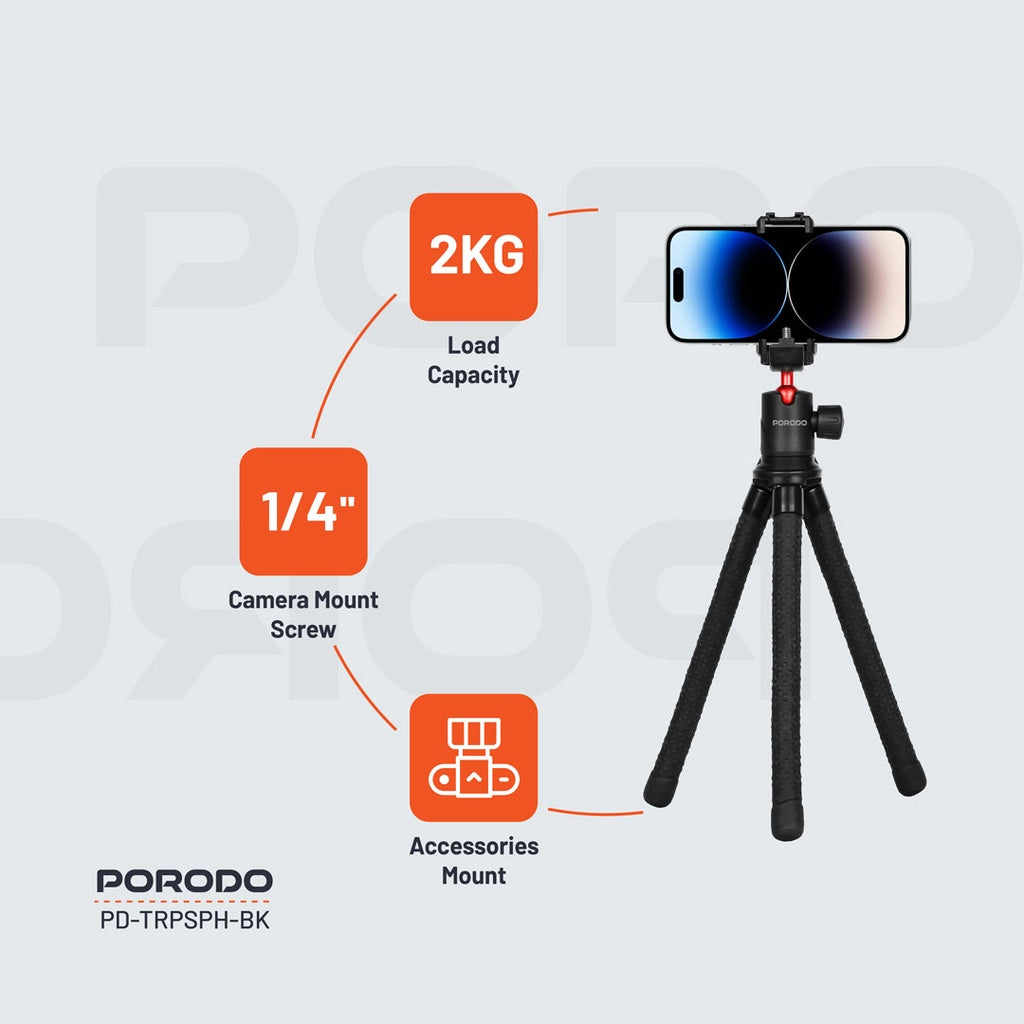 ترايبود مرن وقابل للتمديد مع حامل هاتف من بورودو - اسود | Porodo Flexible Foldable and Extendable Tripod with Phone Holder – Black