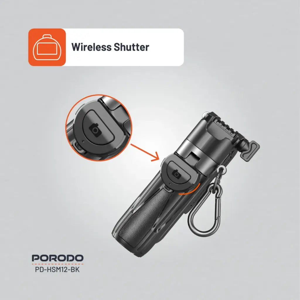 عصا سيلفي قابلة للطي مع ترايبود قابل للتمديد من بورودو - اسود | Porodo Foldable Selfie Stick with Extendable Tripod – Black