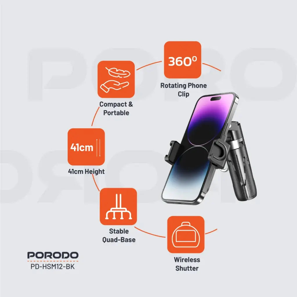 عصا سيلفي قابلة للطي مع ترايبود قابل للتمديد من بورودو - اسود | Porodo Foldable Selfie Stick with Extendable Tripod – Black