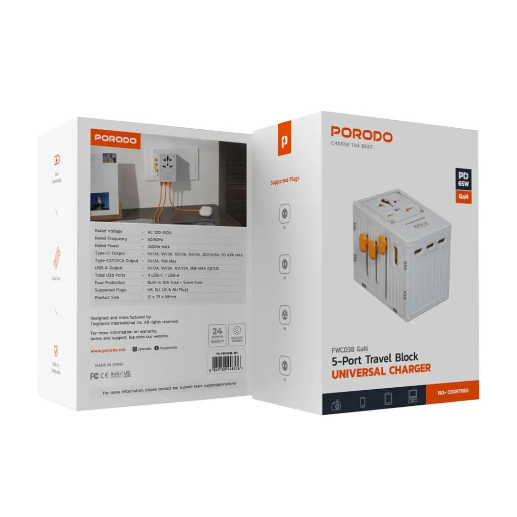 بورودو شاحن سفر عالمي GaN بقدرة شحن 65 واط - ابيض | Porodo PD65W Universal Travel Adapter Charger with GaN Technology – White.