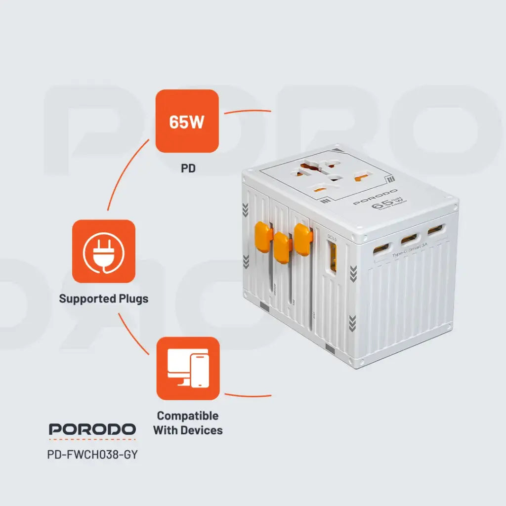 بورودو شاحن سفر عالمي GaN بقدرة شحن 65 واط - ابيض | Porodo PD65W Universal Travel Adapter Charger with GaN Technology – White.