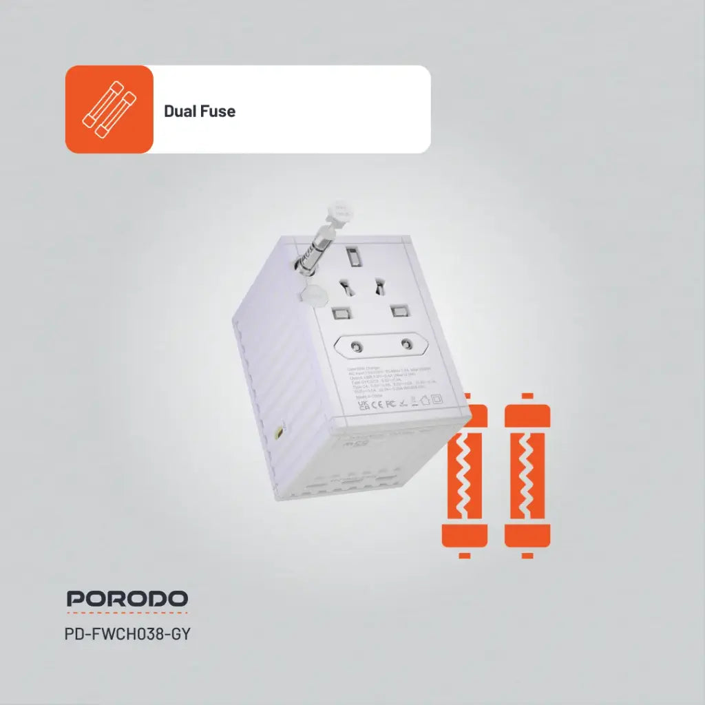 بورودو شاحن سفر عالمي GaN بقدرة شحن 65 واط - ابيض | Porodo PD65W Universal Travel Adapter Charger with GaN Technology – White.