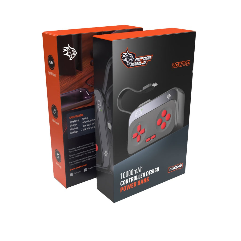 باور بانك بورودو جيمنج بسعة 10000 مللي امبير, منفذي تايب سي وتايب اي وكيبل تايب سي مدمج | Porodo Gaming 10000mAh Gaming Design Powerbank Type-C USB-A with Type-C Cable.