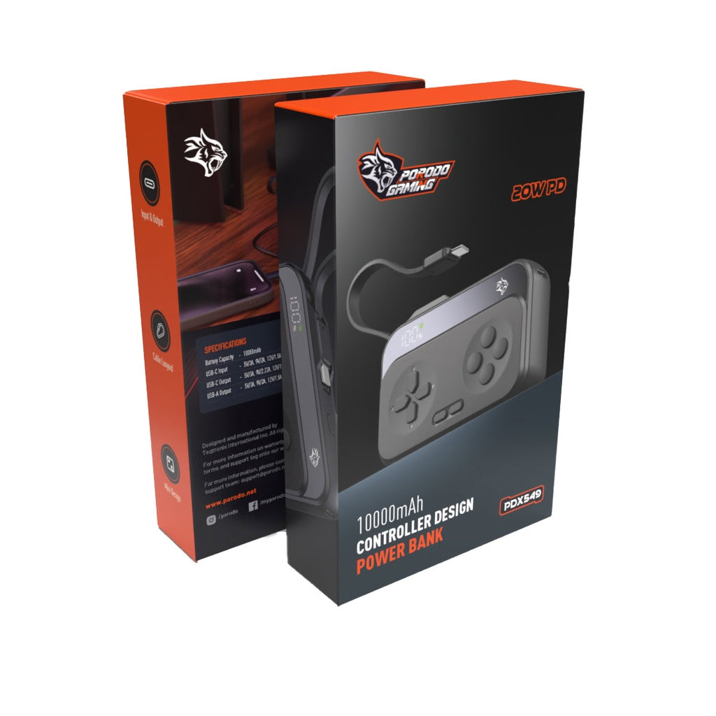 باور بانك بورودو جيمنج بسعة 10000 مللي امبير, منفذي تايب سي وتايب اي وكيبل تايب سي مدمج | Porodo Gaming 10000mAh Gaming Design Powerbank Type-C USB-A with Type-C Cable.