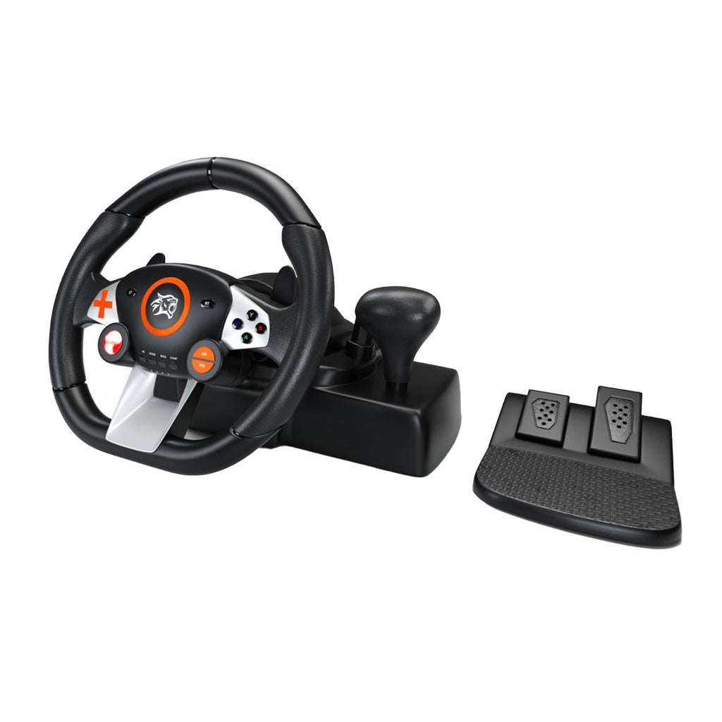 عجلة قيادة العاب 7 في 1 من بورودو جيمنج, مع دواسات وذراع تبديل السرعة - اسود | Porodo Gaming 7-in-1 Steering Wheel with Pedals & Gear Lever – Black