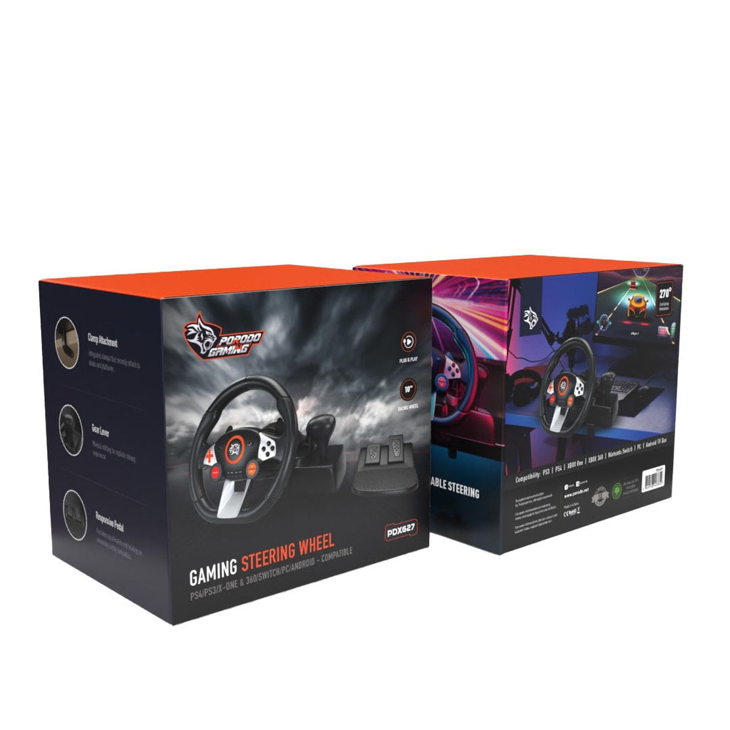عجلة قيادة العاب 7 في 1 من بورودو جيمنج, مع دواسات وذراع تبديل السرعة - اسود | Porodo Gaming 7-in-1 Steering Wheel with Pedals & Gear Lever – Black
