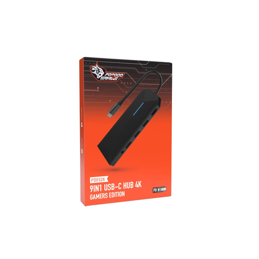بورودو جيمنج موزع يو اس بي 9 في 1, شحن سريع بقدرة 100 واط - اسود | Porodo Gaming 9 in 1 USB-C Hub 4K Gamers Edition PD 100W - Black