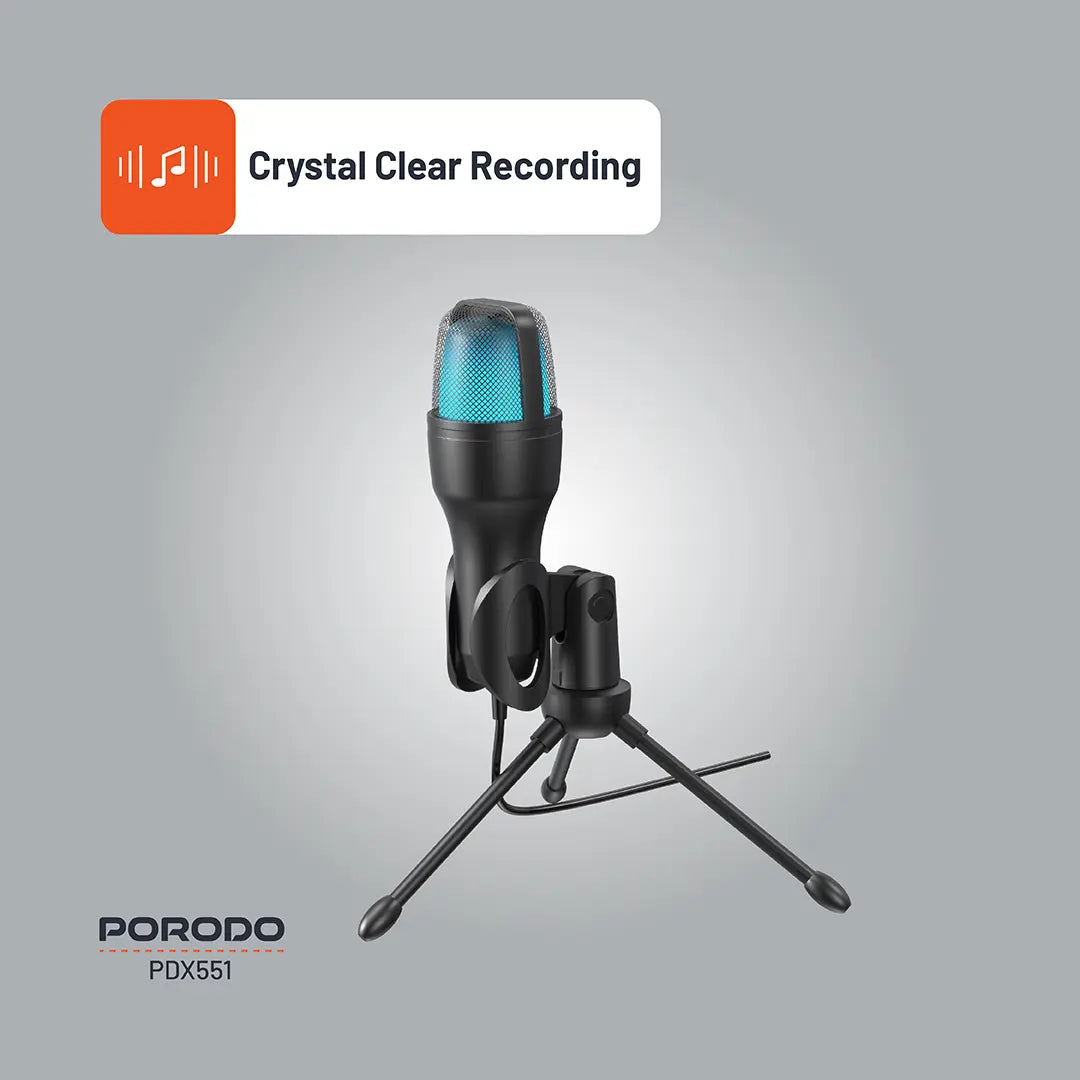 مايكروفون بورودو كوندنسر للالعاب مع اضائة RGB وحامل ثلاثي وقاعدة مكتبية, كيبل بطول 1.5 متر | Porodo Gaming USB Condenser Microphone with RGB Lights Desk Tripod Stand 1.5M Cable.