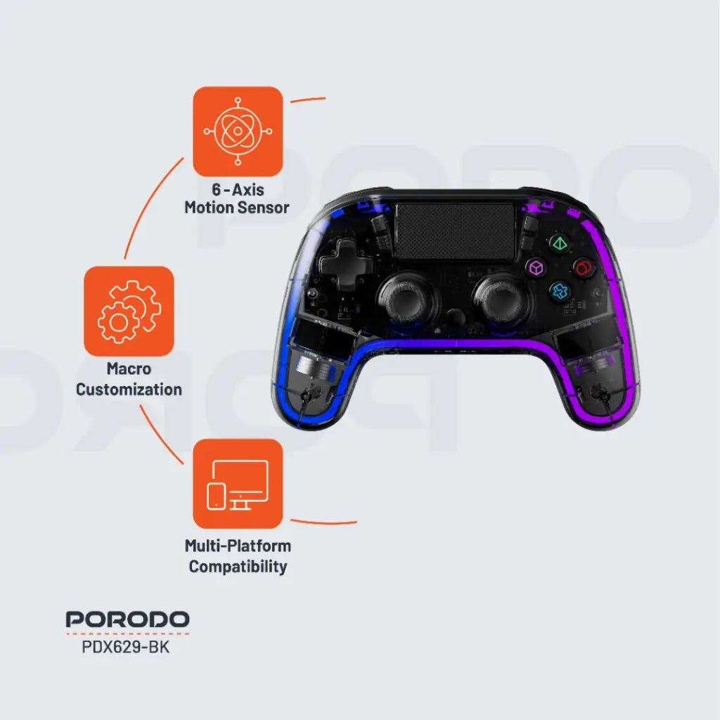 وحدة تحكم العاب لجهاز بلاي ستيشن 4 من بورودو جيمنج مع هيكل شفاف | Porodo Gaming PS4 Gamepad Transparent Controller.