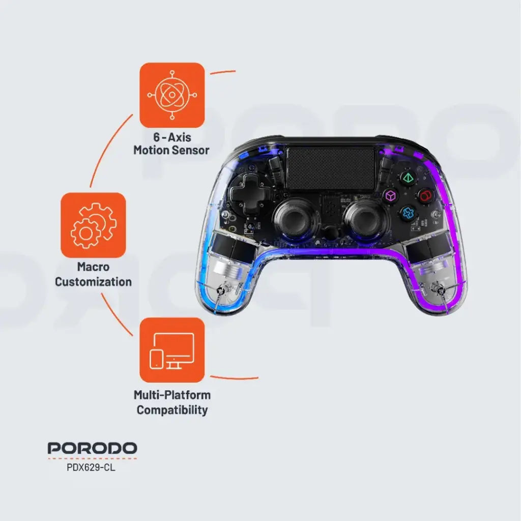 وحدة تحكم العاب لجهاز بلاي ستيشن 4 من بورودو جيمنج مع هيكل شفاف | Porodo Gaming PS4 Gamepad Transparent Controller.