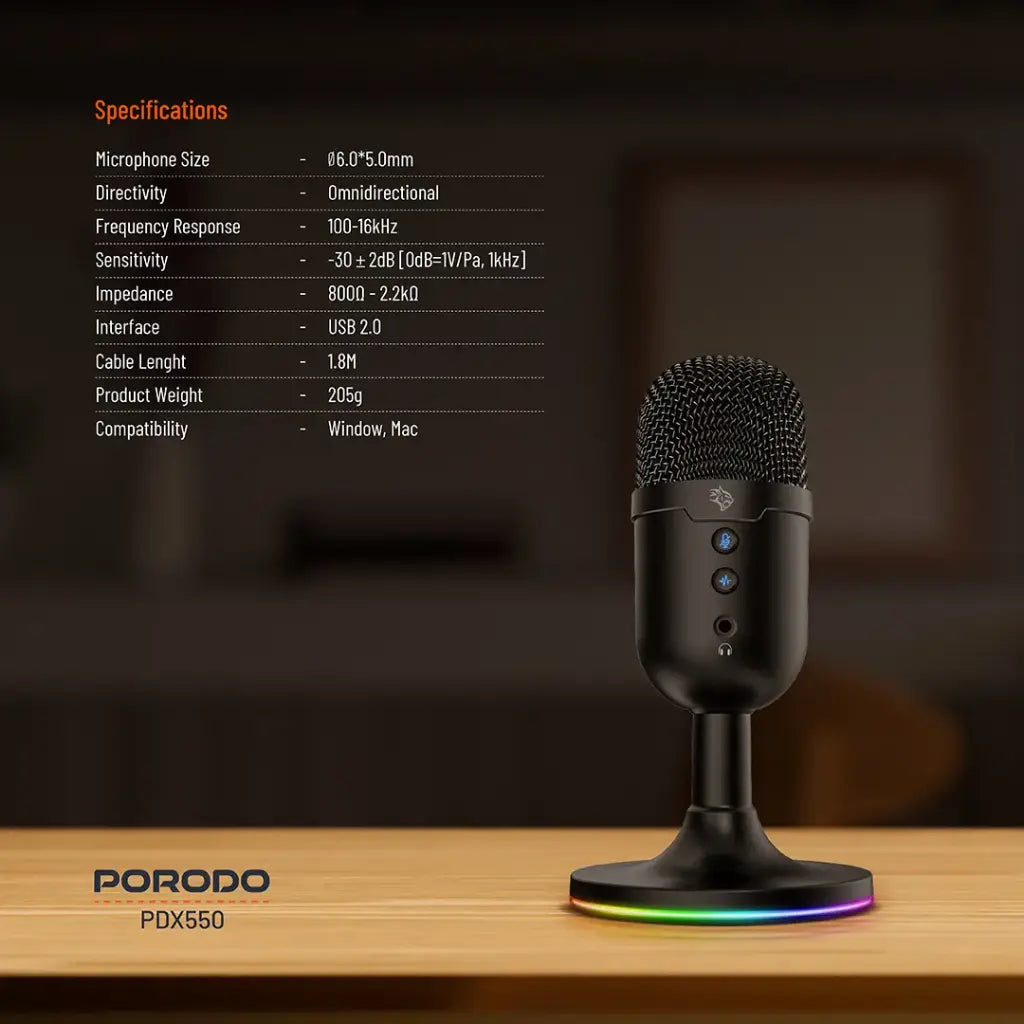 مايكروفون بورودو جيمنج متعدد الاتجاهات مع اضائة RGB وحامل وكيبل بطول 1.7 متر - اسود | Porodo Gaming Omni-Directional Microphone with RGB Lights Stand 1.7M PVC Cable ANC - Black