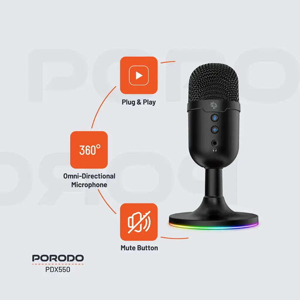 مايكروفون بورودو جيمنج متعدد الاتجاهات مع اضائة RGB وحامل وكيبل بطول 1.7 متر - اسود | Porodo Gaming Omni-Directional Microphone with RGB Lights Stand 1.7M PVC Cable ANC - Black