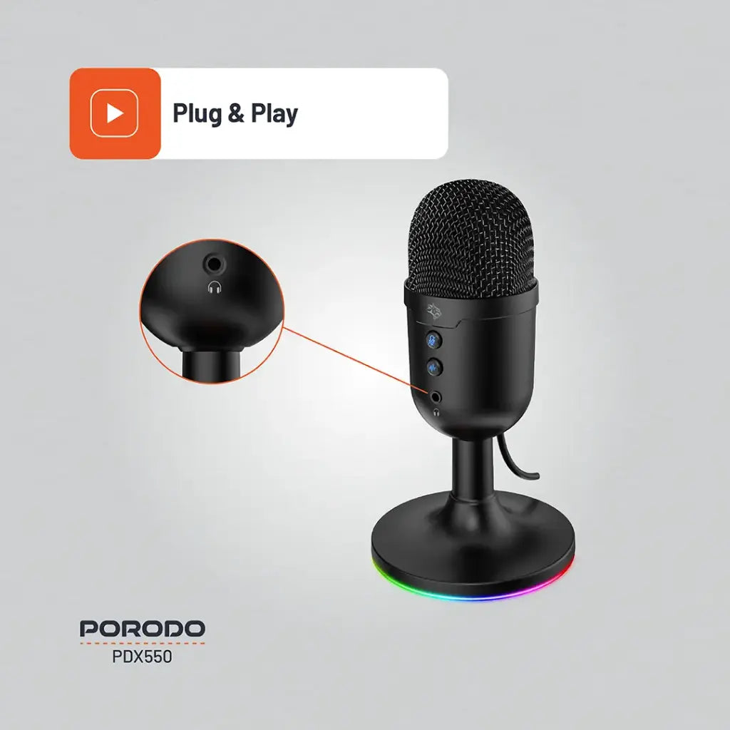 مايكروفون بورودو جيمنج متعدد الاتجاهات مع اضائة RGB وحامل وكيبل بطول 1.7 متر - اسود | Porodo Gaming Omni-Directional Microphone with RGB Lights Stand 1.7M PVC Cable ANC - Black