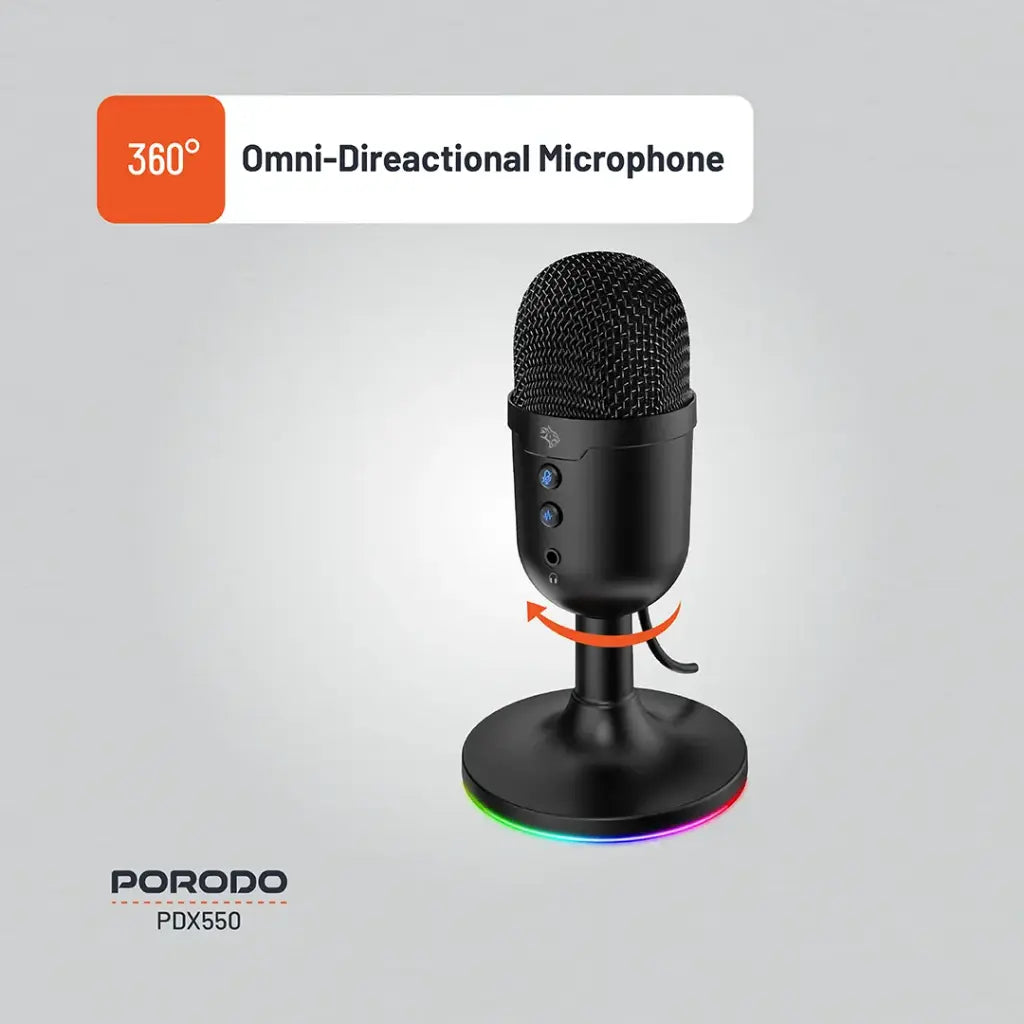 مايكروفون بورودو جيمنج متعدد الاتجاهات مع اضائة RGB وحامل وكيبل بطول 1.7 متر - اسود | Porodo Gaming Omni-Directional Microphone with RGB Lights Stand 1.7M PVC Cable ANC - Black