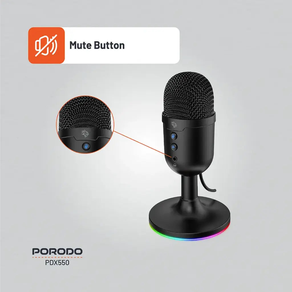 مايكروفون بورودو جيمنج متعدد الاتجاهات مع اضائة RGB وحامل وكيبل بطول 1.7 متر - اسود | Porodo Gaming Omni-Directional Microphone with RGB Lights Stand 1.7M PVC Cable ANC - Black