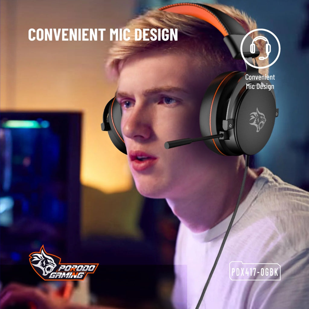 سماعة رأس للالعاب باضائة RGB من بورودو جيمنج, مع خاصية الغاء الضوضاء - اسود | Porodo Gaming PC RGB ENC Gaming Headphones - Black