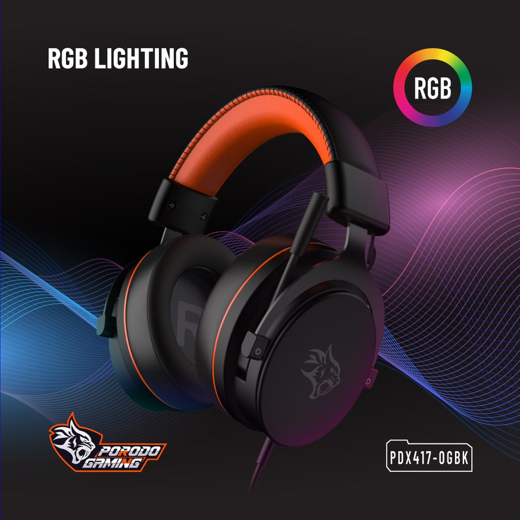 سماعة رأس للالعاب باضائة RGB من بورودو جيمنج, مع خاصية الغاء الضوضاء - اسود | Porodo Gaming PC RGB ENC Gaming Headphones - Black