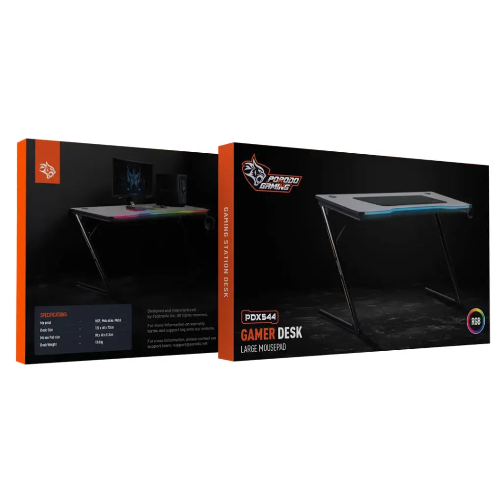 طاولة العاب باضائة RGB LED من بورودو جيمنج, مع ماوس باد العاب - اسود | Porodo Gaming Desk with RGB LED Light with Gaming Mousepad - Black