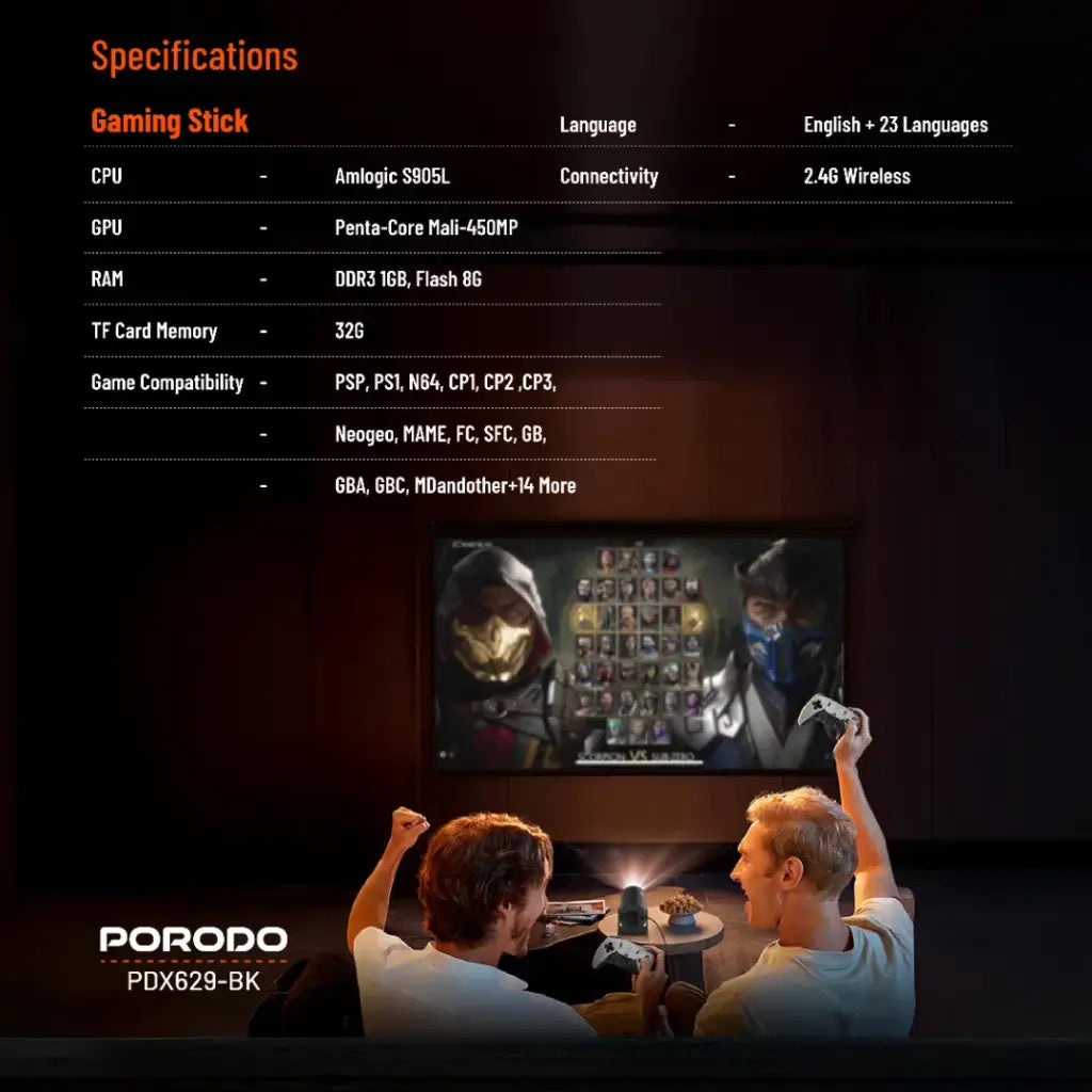 بروجكتر للالعاب بدقة 4K من بورودو, مع نظام اندرويد 11 ووحدات تحكم - اسود | Porodo Gaming 4K Projector Android 11 with Auto Keystone & Gamepad Controller – Black