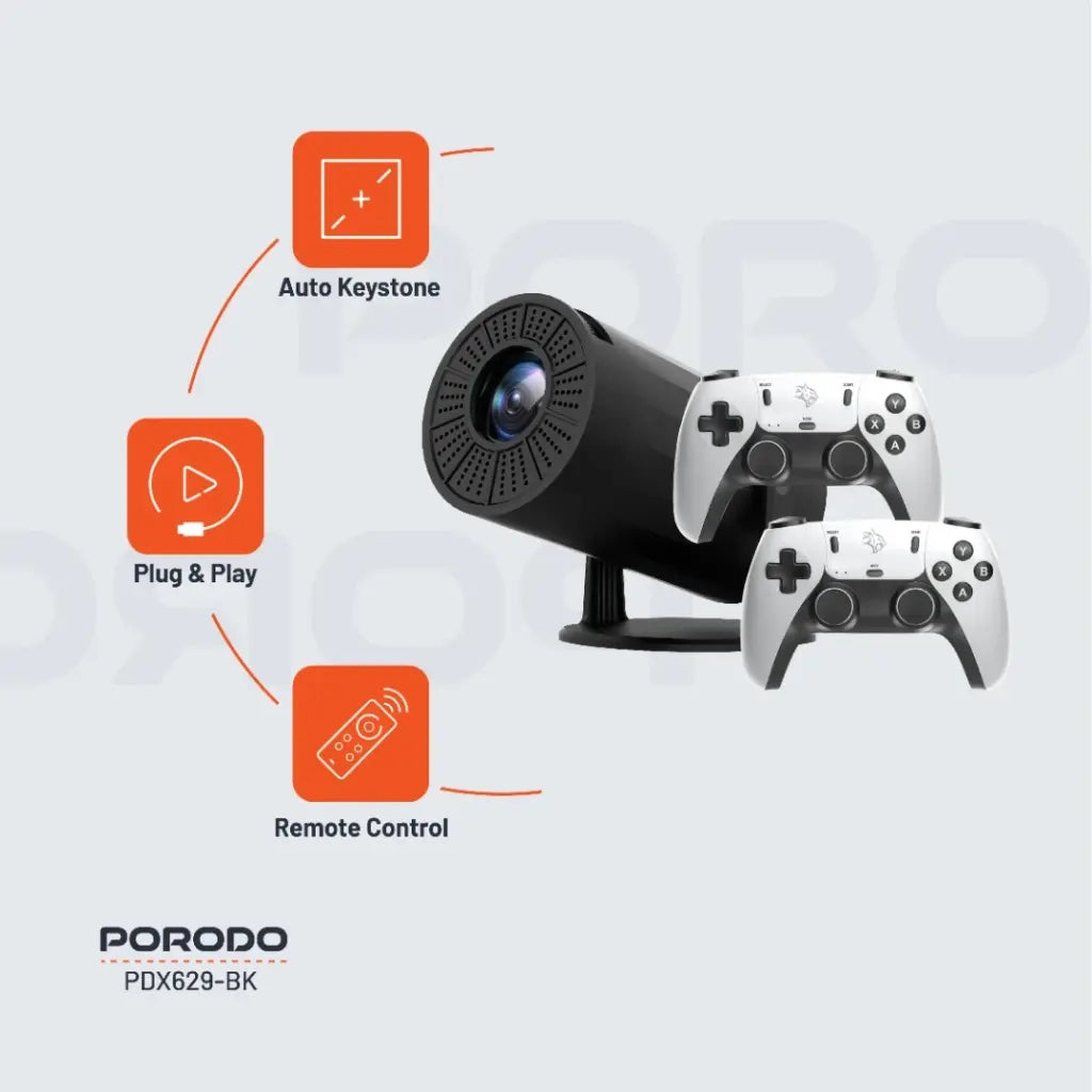 بروجكتر للالعاب بدقة 4K من بورودو, مع نظام اندرويد 11 ووحدات تحكم - اسود | Porodo Gaming 4K Projector Android 11 with Auto Keystone & Gamepad Controller – Black
