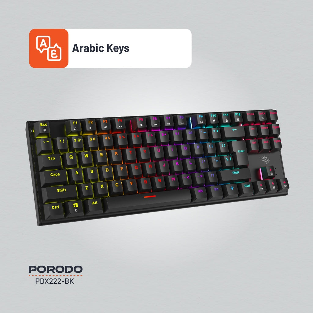 لوحة مفاتيح ميكانيكية للالعاب مع ازرار معلقة من بورودو - اسود | Porodo Mechanical Keyboard with Suspending Keycaps - Black