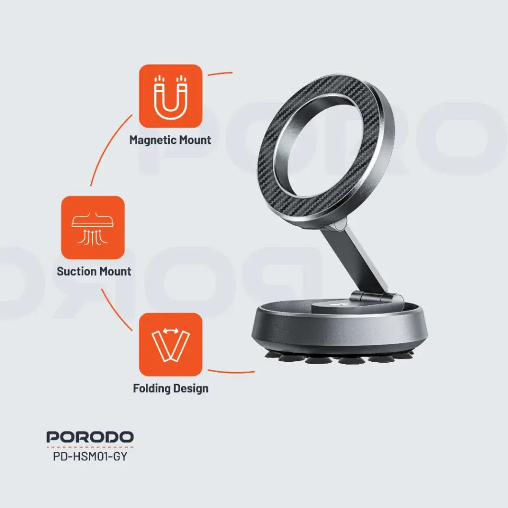 حامل هاتف مغناطيسي ماج سيف متعدد الاستخدامات مع قاعدة تثبيت من السيليكون - رمادي | Porodo MagSafe Multi-Purpose Silicone Suction Phone Holder - Gray