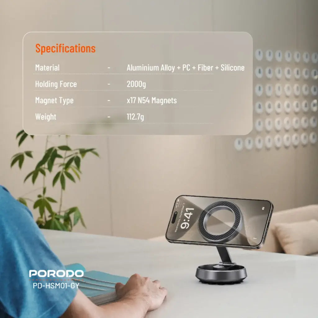 حامل هاتف مغناطيسي ماج سيف متعدد الاستخدامات مع قاعدة تثبيت من السيليكون - رمادي | Porodo MagSafe Multi-Purpose Silicone Suction Phone Holder - Gray