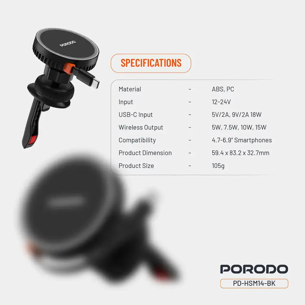 شاحن سيارة لاسلكي مغناطيسي من بورودو بقدرة شحن سريع 15 واط مع كيبل تايب سي قابل للسحب - اسود | Porodo 15W Retractable Magnetic Wireless Car Charger with Type-C Cable – Black