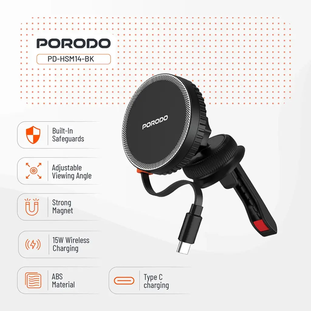 شاحن سيارة لاسلكي مغناطيسي من بورودو بقدرة شحن سريع 15 واط مع كيبل تايب سي قابل للسحب - اسود | Porodo 15W Retractable Magnetic Wireless Car Charger with Type-C Cable – Black