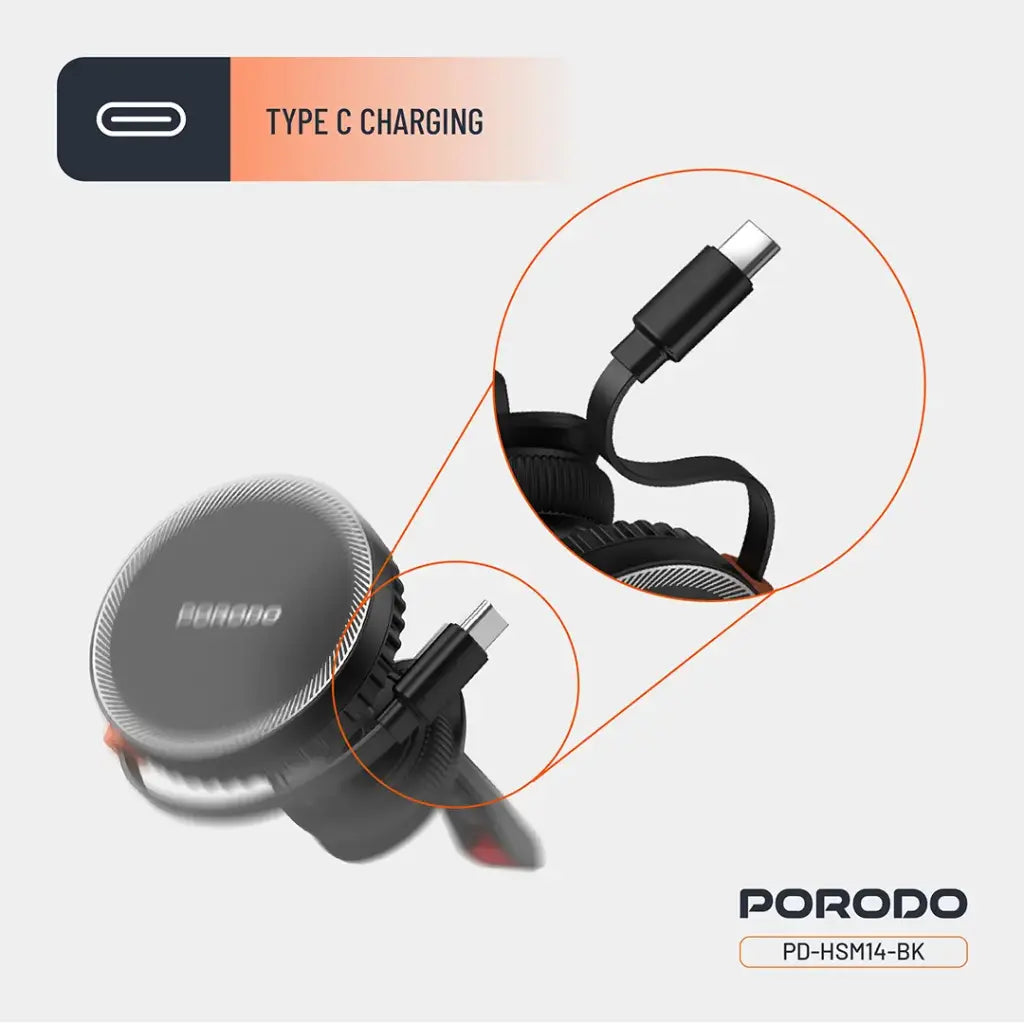 شاحن سيارة لاسلكي مغناطيسي من بورودو بقدرة شحن سريع 15 واط مع كيبل تايب سي قابل للسحب - اسود | Porodo 15W Retractable Magnetic Wireless Car Charger with Type-C Cable – Black