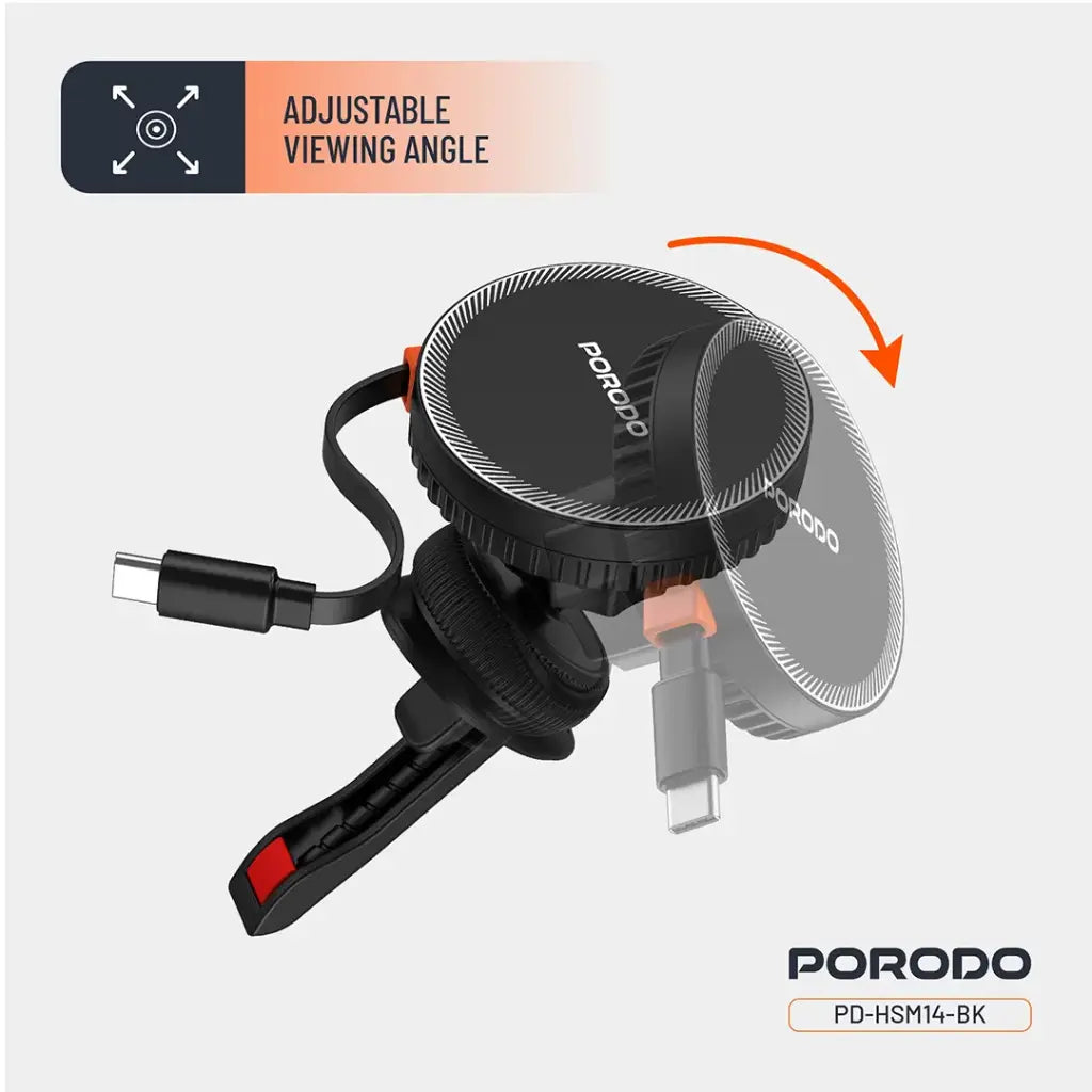 شاحن سيارة لاسلكي مغناطيسي من بورودو بقدرة شحن سريع 15 واط مع كيبل تايب سي قابل للسحب - اسود | Porodo 15W Retractable Magnetic Wireless Car Charger with Type-C Cable – Black
