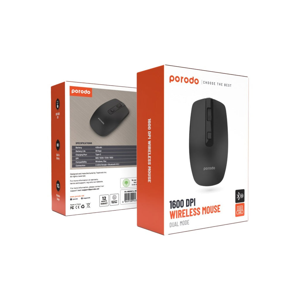 ماوس بورودو لاسلكي وبلوتوث قابل لاعادة الشحن بحساسية تصل الى 1600 دي بي اي | Porodo Wireless & Bluetooth Mouse, 1600 DPI.