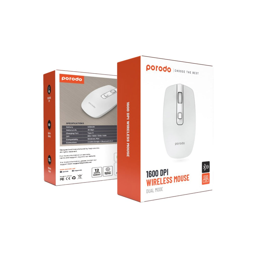 ماوس بورودو لاسلكي وبلوتوث قابل لاعادة الشحن بحساسية تصل الى 1600 دي بي اي | Porodo Wireless & Bluetooth Mouse, 1600 DPI.
