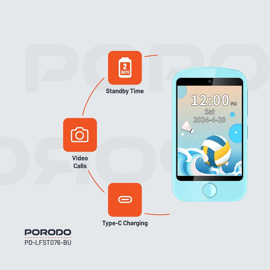 هاتف بورودو للاطفال برام 192MB وبطارية بسعة 700 مللي امبير, مع حافظة وحبل تعليق | Porodo Kids Phone with Case and Lanyard 700mAh 192MB