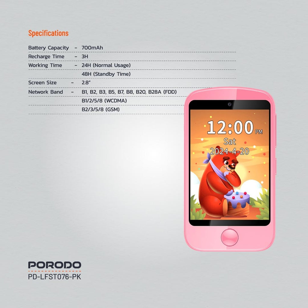 هاتف بورودو للاطفال برام 192MB وبطارية بسعة 700 مللي امبير, مع حافظة وحبل تعليق | Porodo Kids Phone with Case and Lanyard 700mAh 192MB