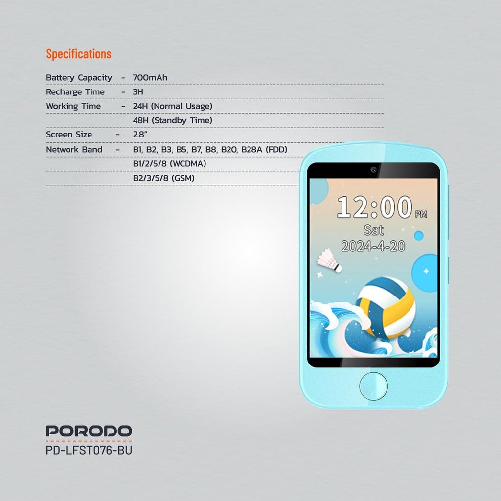 هاتف بورودو للاطفال برام 192MB وبطارية بسعة 700 مللي امبير, مع حافظة وحبل تعليق | Porodo Kids Phone with Case and Lanyard 700mAh 192MB