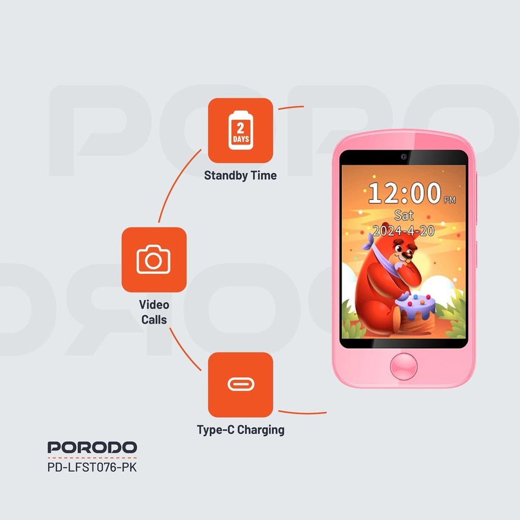 هاتف بورودو للاطفال برام 192MB وبطارية بسعة 700 مللي امبير, مع حافظة وحبل تعليق | Porodo Kids Phone with Case and Lanyard 700mAh 192MB