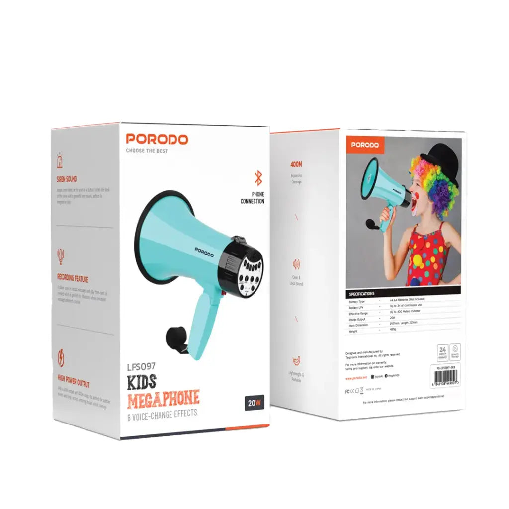 مكبر صوت مع صفارة وميزة التسجيل بقدرة 30 واط من بورودو لايف ستايل, مع 6 اوضاع صوت - ازرق سماوي | Porodo Lifestyle 30W Siren Bluetooth Recorder Megaphone with 6 Voice Modes - Sky Blue