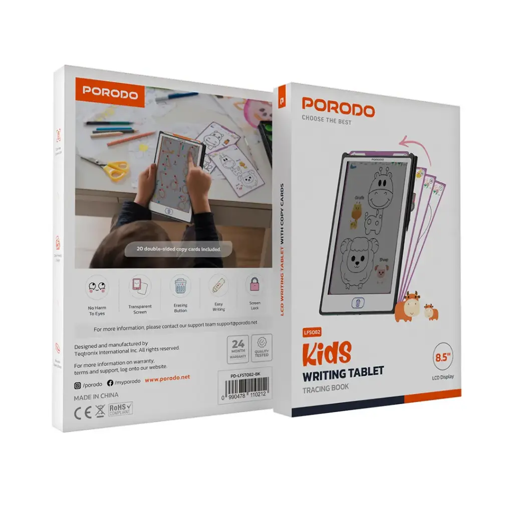 تابلت كتابة للاطفال بحجم 8.5 بوصة من بورودو, مع 20 بطاقة تتبع - اسود | Porodo Kids 8.5-Inch Tracing Book Tablet with 20pcs Cards – Black
