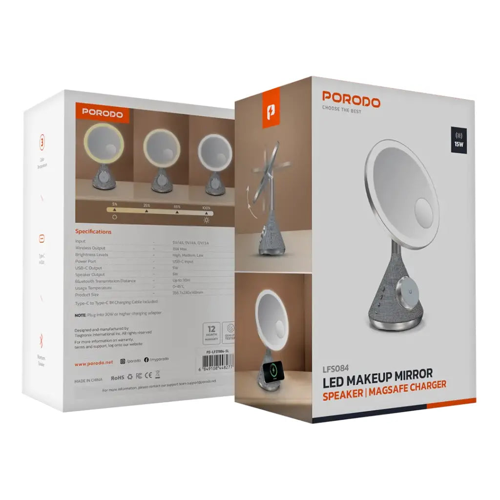 بورودو لايف ستايل مرآة مكبرة مغناطيسية لاسلكية مع شاحن 15 واط, مكبر صوت, ومصباح قابل للتعديل | Porodo Lifestyle 15W Zoomed Mirror Magnetic Wireless Charger with Speaker & Adjustable Lamp.