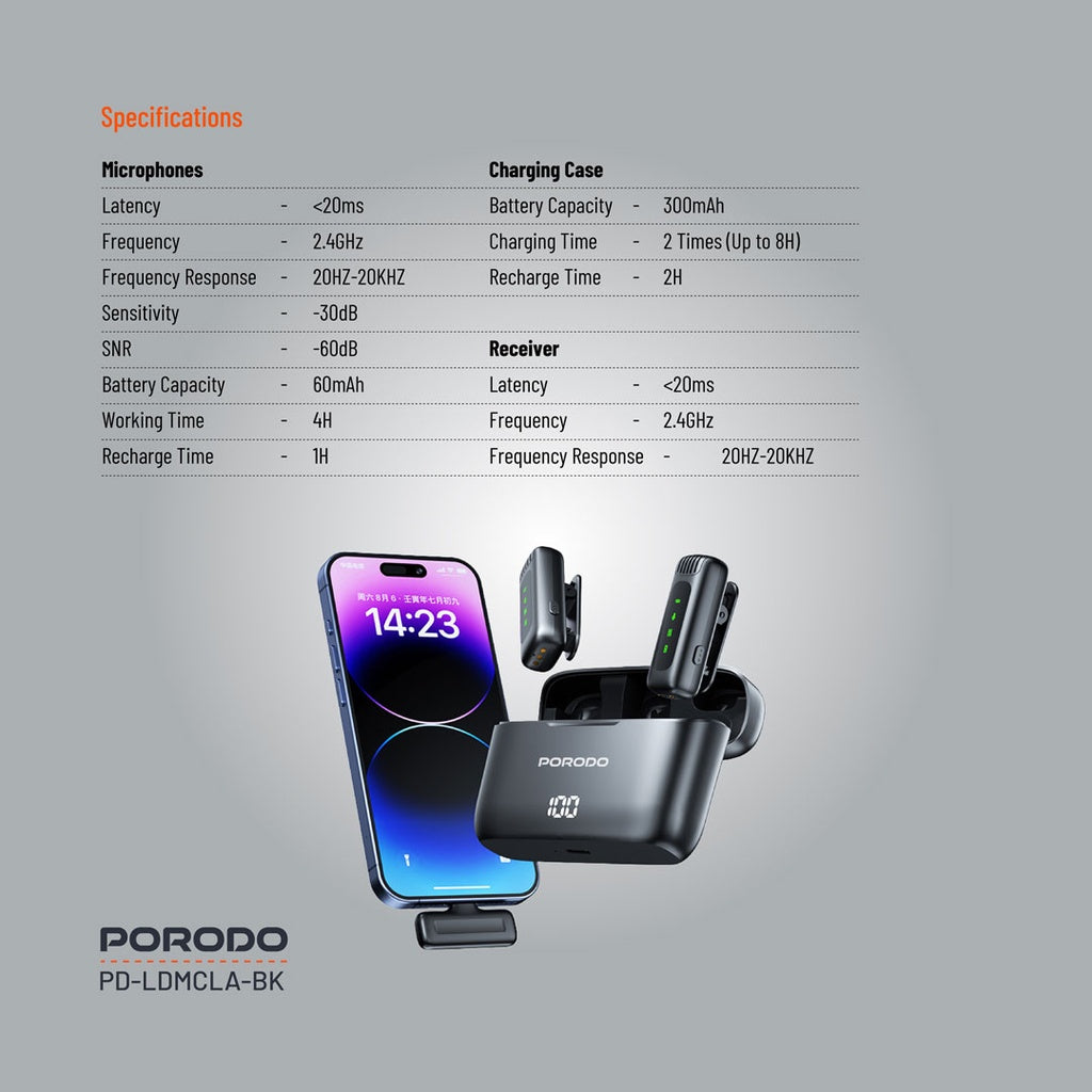 مايكروفون بورودو لافالير مزدوج مع علبة شحن - اسود | Porodo Lavalier Double Microphone with Charging Case - Black