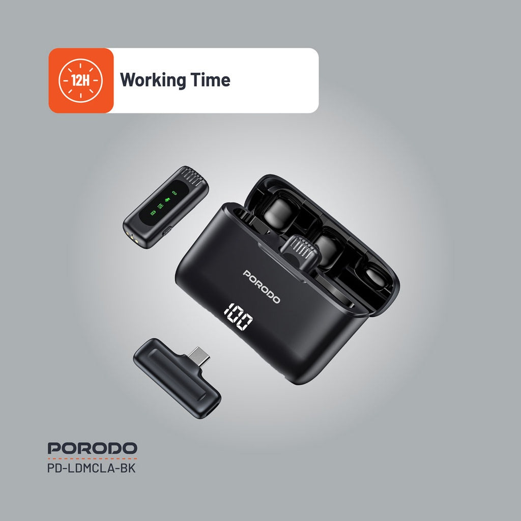 مايكروفون بورودو لافالير مزدوج مع علبة شحن - اسود | Porodo Lavalier Double Microphone with Charging Case - Black