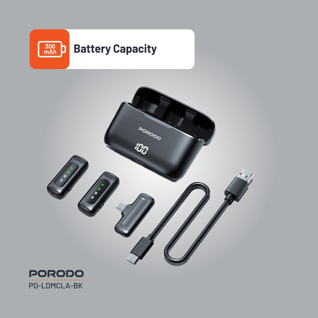 مايكروفون بورودو لافالير مزدوج مع علبة شحن - اسود | Porodo Lavalier Double Microphone with Charging Case - Black