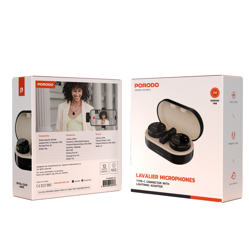 بورودو مايكروفون لاسلكي ثنائي مع علبة شحن - اسود | Porodo Wireless Microphone Dual Mic with Charging Case - Black