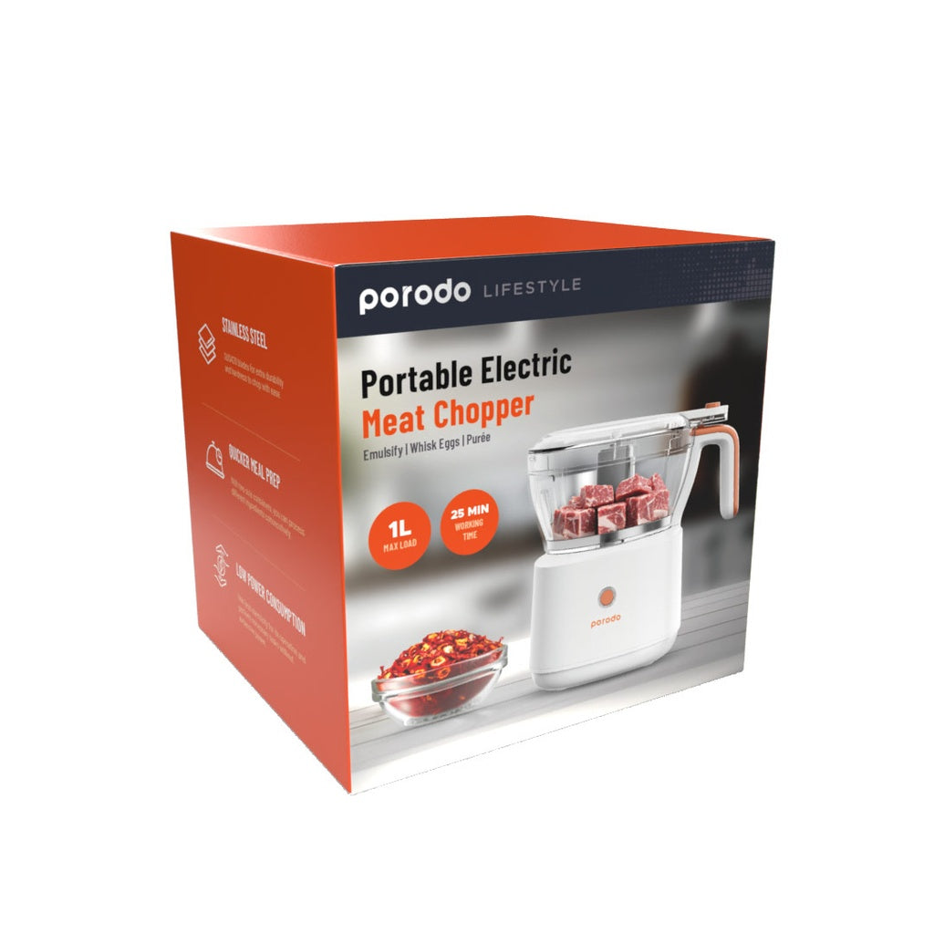 فرامة لحم كهربائية محمولة من بورودو لايف ستايل بقدرة 88 واط وسعة 1 لتر - ابيض | Porodo Lifestyle Portable Electric Meat Chopper 88W 1L – White